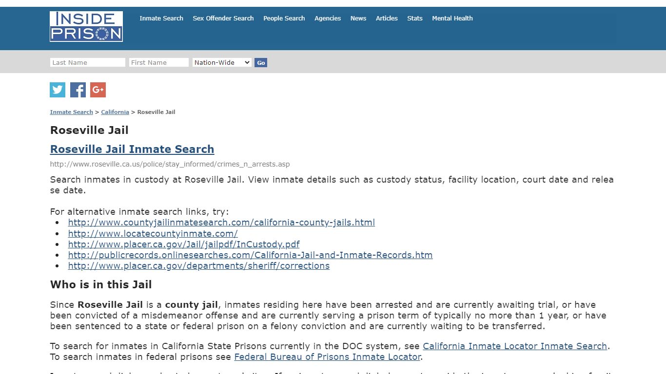 Roseville Jail - California - Inmate Search